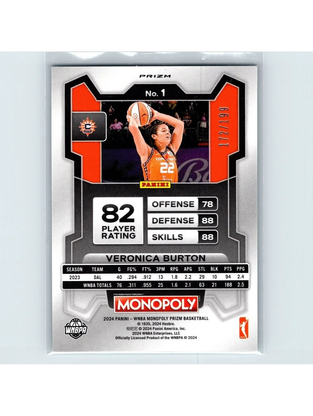 2024 Panini WNBA Monopoly Prizm Veronica Burton #1 Light Blue Prizm #/199 Sun